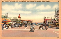 Old Orchard Street, Showing Roller coaster and Cyclone Postcard