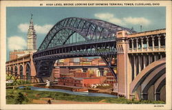 High Level Bridge looking east showing Terminal Tower Cleveland, OH Postcard Postcard