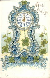 Hearty Greetings (Blue Floral Clock with Shamrocks) Figures Made of Flowers Postcard Postcard