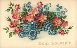 Doux Souvenir, flowers and little car Figures Made of Flowers Postcard Postcard