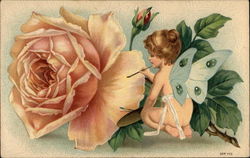 Nude Winged Cherub painting a rose Postcard