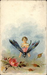 Little Child Riding a Dragonfly Fantasy Postcard Postcard