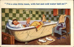 Dressed Man Smoking in Bathtub Comic, Funny Postcard Postcard