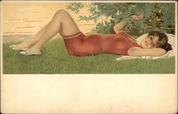 Woman Reclining By Water Postcard