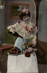 Young woman pouring wine from a bottle Women Postcard Postcard