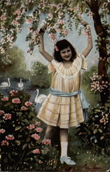 Young girl under flowering tree at a pond with swans Girls Postcard Postcard