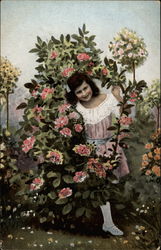 Girl in Pink Dress With Rose Bush Girls Postcard Postcard