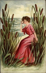 Woman Listening to a Seashell Postcard