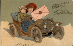 Greetings and Best Wishes--Kids in Car with Letter Postcard