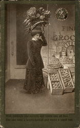 Woman with giant hat shopping Postcard