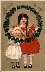 Birthday Greetings (Two Girls with a Clover Wreath) Postcard Postcard