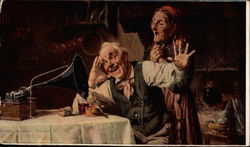 Old Couple Listening to Phonograph Postcard Postcard