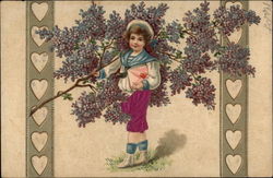 Little Girl with Branch and Flowers surrounded by Hearts Girls Postcard Postcard