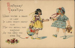 Birthday Greeting - Two Little Girls with Flowers Postcard Postcard