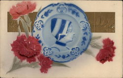 Plate with a Dutch Person and Pink Carnations Postcard