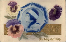 Birthday Greeting with girl in blue dish Postcard