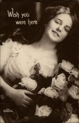 Wish You Were Here - Woman with Roses Postcard