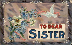 To Dear Sister with Blue Bird And Pink Ribbon Postcard