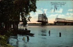 Mississippi River Scene and Railway Bridge Quincy, IL Postcard Postcard