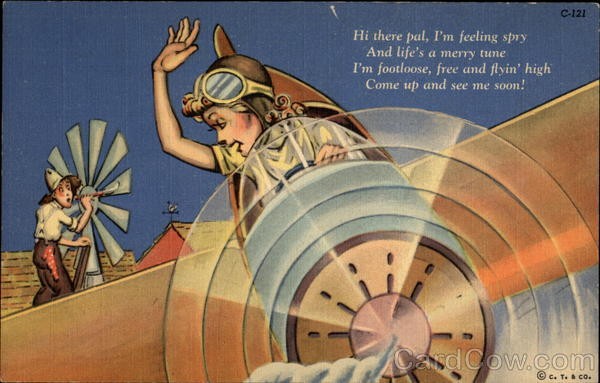 Woman Pilot Waving To Farmer Painting Windmill Swimsuits Pinup