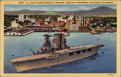 U.S. Navy Plane Carrier at Anchor - Looking up Broadway Postcard