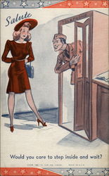 Wartime cartoon: Soldier in phone booth talking to woman Comic, Funny Postcard Postcard