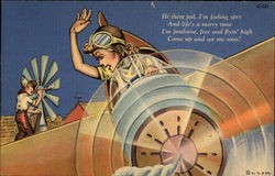 Woman pilot waving to farmer painting windmill Swimsuits & Pinup Postcard Postcard