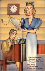 Cartoon drawing: Woman at microphone, man at piano Swimsuits & Pinup Postcard Postcard