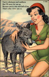 Romantic cartoon drawing of woman petting burro Swimsuits & Pinup Postcard Postcard