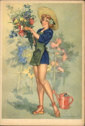 Woman Holding A Bunch of Flowers and Gardening Swimsuits & Pinup Postcard Postcard