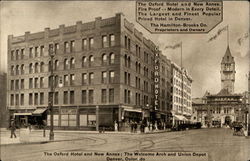 The Oxford Hotel and New Annex; The Welcome Arch and Union Depot Postcard