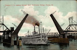 Steamer J. S. Passing Throught New McKinley Bridge Peoria, IL Postcard Postcard