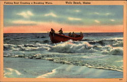 Fishing Boat Cresting a Breaking Wave Wells Beach, ME Postcard Postcard