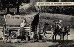 Orville Ewing, with burros pulling small covered wagon Pritchett, CO Postcard Postcard