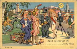 Cartoon of tourists arriving in California, welcoming mayor, beauty, etc Los Angeles, CA Postcard Postcard