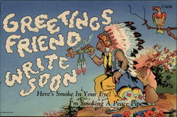 Indian chief with "peace pipe" and smoke forming "Greetings" Postcard