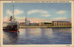 Municipal Stadium and Union Terminal Tower From Boat Landing Postcard