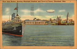 View from Harbor, showing Municipal Stadium and Terminal Tower Cleveland, OH Postcard Postcard