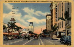 Wilshire Boulevard, showing Beverly-Wilshire Hotel and the Brown Derby Beverly Hills, CA Postcard Postcard