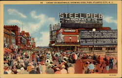 Crowd on boardwalk, showing Steel Pier Postcard