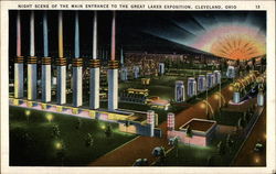 Night Scene of the Main Entrance to the Great Lakes Exposition Cleveland, OH Postcard Postcard