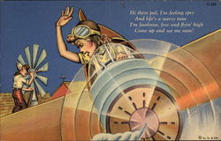 Girl flying an airplane over a farm Aircraft Postcard Postcard