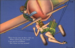 Woman riding on the wheels of a flying airplane Postcard