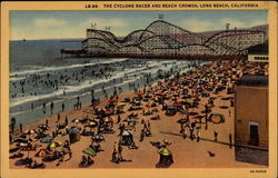 The Cyclone Racer and Beach Crowds Long Beach, CA Postcard Postcard