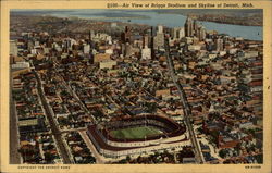 Air View of Briggs Stadium and Skyline of Detroit, Mich Michigan Postcard Postcard