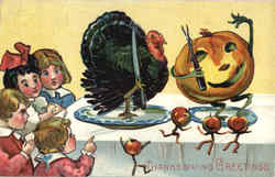 Thanksgiving Greetings - Dancing Food Postcard