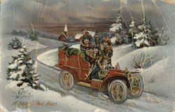 A Happy New Year Children in Car Postcard