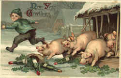 New Year Greetings - Pigs Postcard