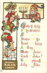 Merrie Xmas Cheer - Jester, Elves Christmas Postcard Postcard