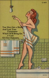 Woman Nearing Lightbulb in Bathtub Postcard